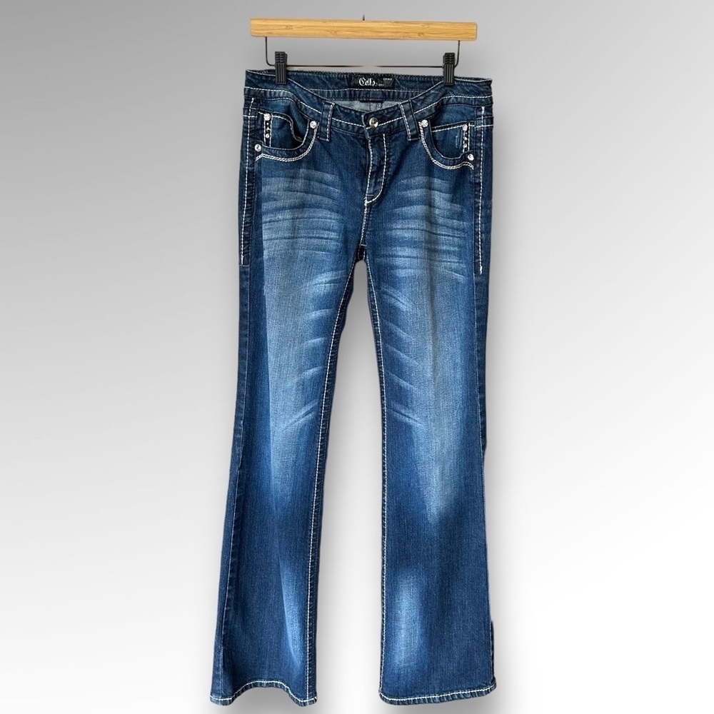 Cello Denim Womens Flare Jeans Mid Rise